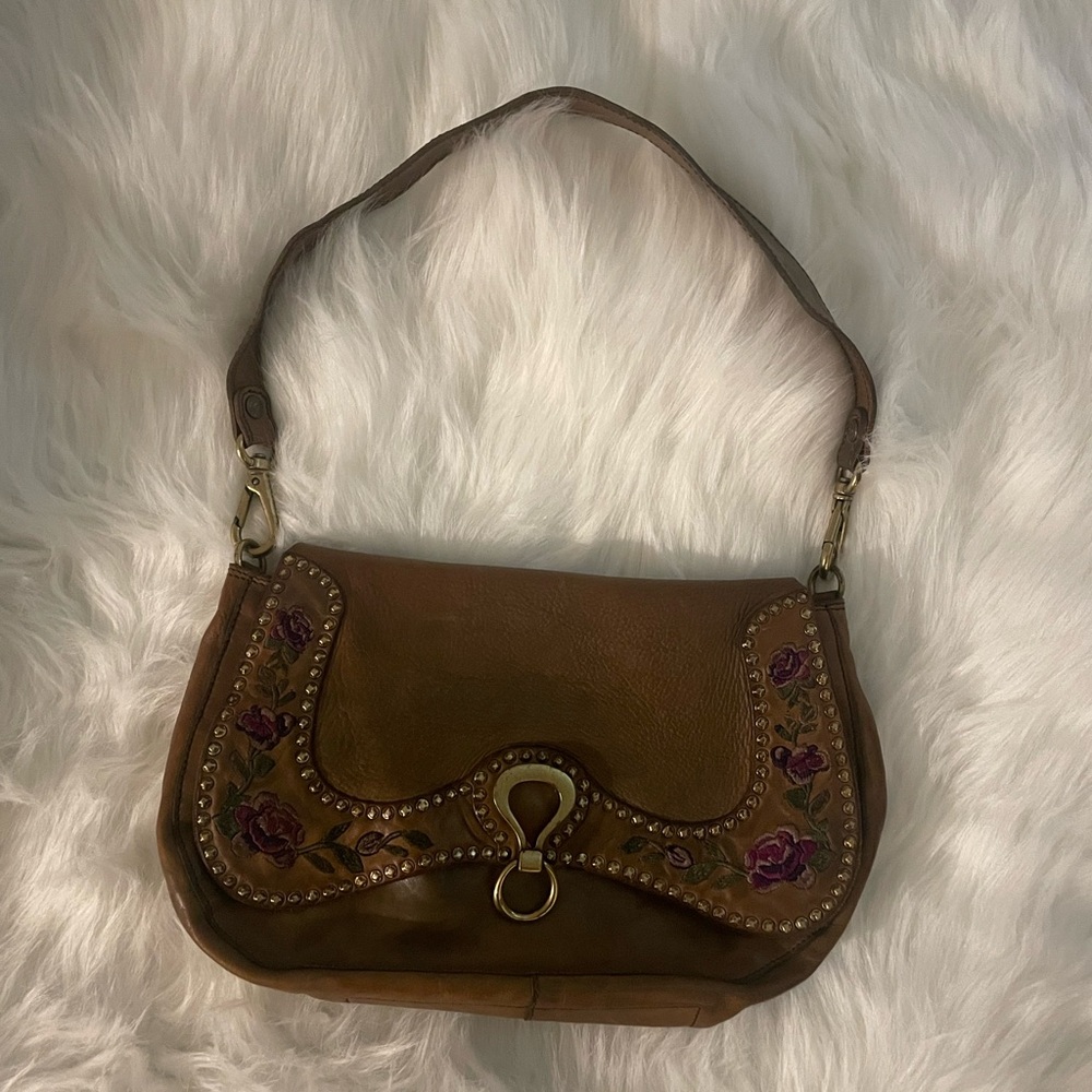 Campomaggi leather handbag in olive with embroidered roses and studs